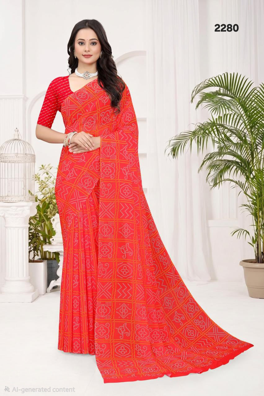 2280 Rajasthani Bandhani Red Italian Crepe Silk Saree
