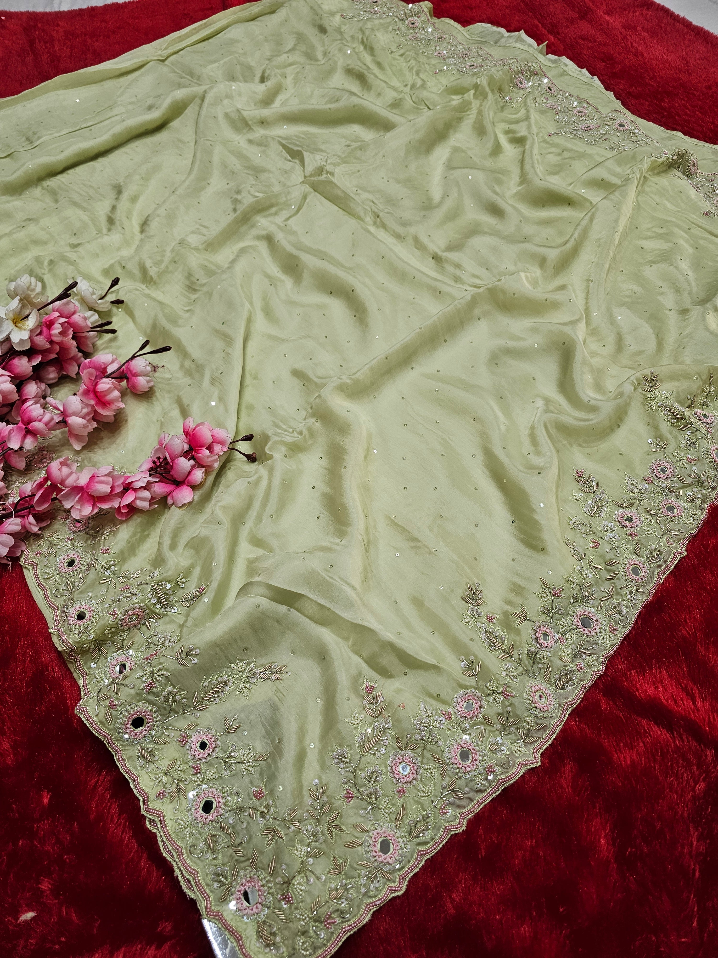 8408 Premium Light Green Pure Upada Crepe Silk Saree with Zardosi & Cutdana Handwork