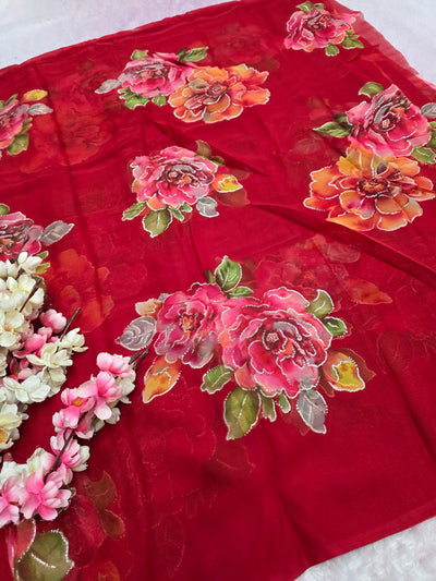 991004 Lightweight Elegant Semi Chiffon Flower Print Saree with Zari Print - Red