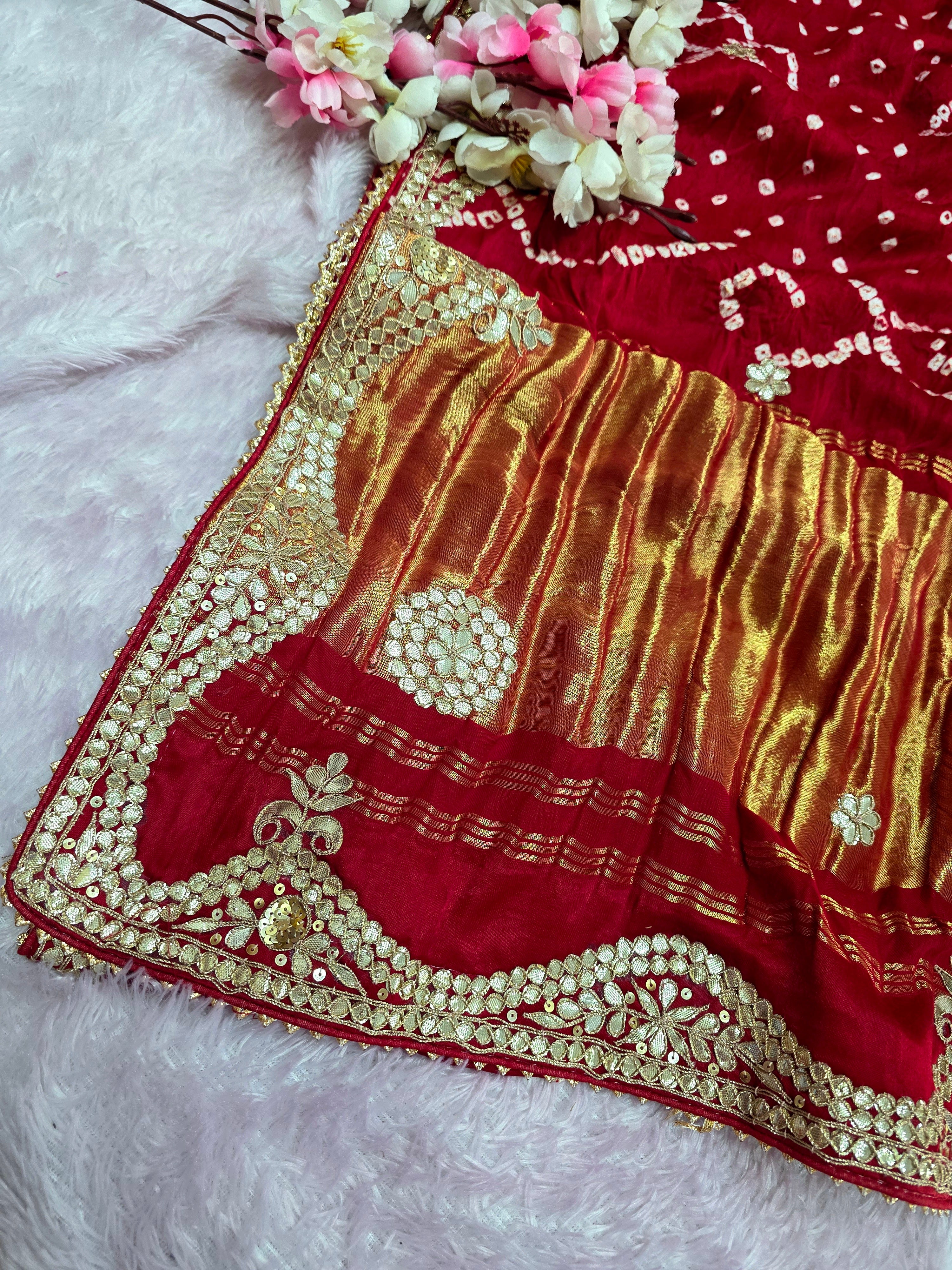 12446 New Handcrafted Gaji Silk Saree in Bandhani Style with Gota Patti Work