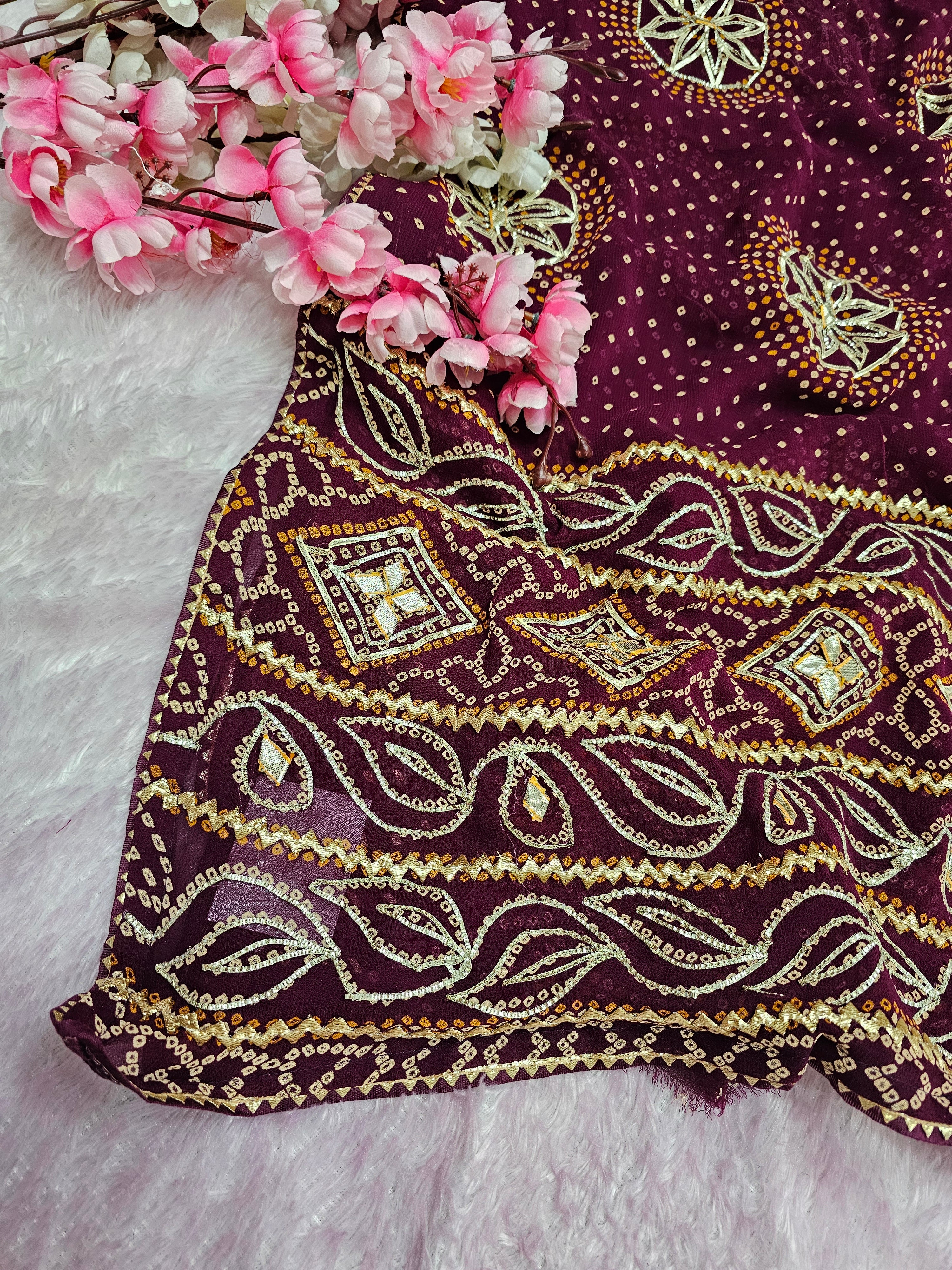 12449 Designer Pure Georgette Bandhani Saree with Gota patti Work - Wine