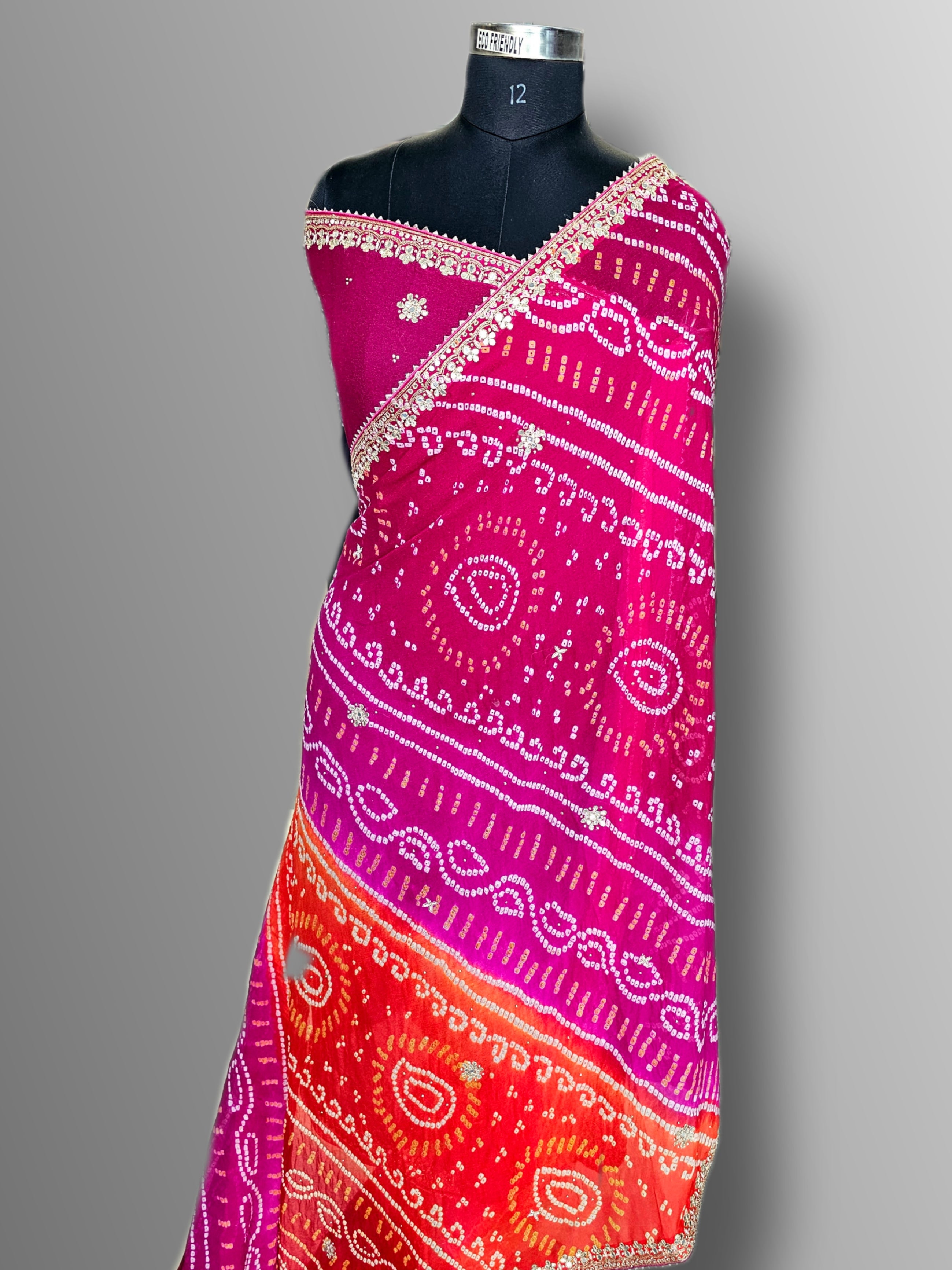 12486 Traditional Rajasthani Pure Ojariya Rai Bandhani Saree With Premium Gotapatti and Aari Work