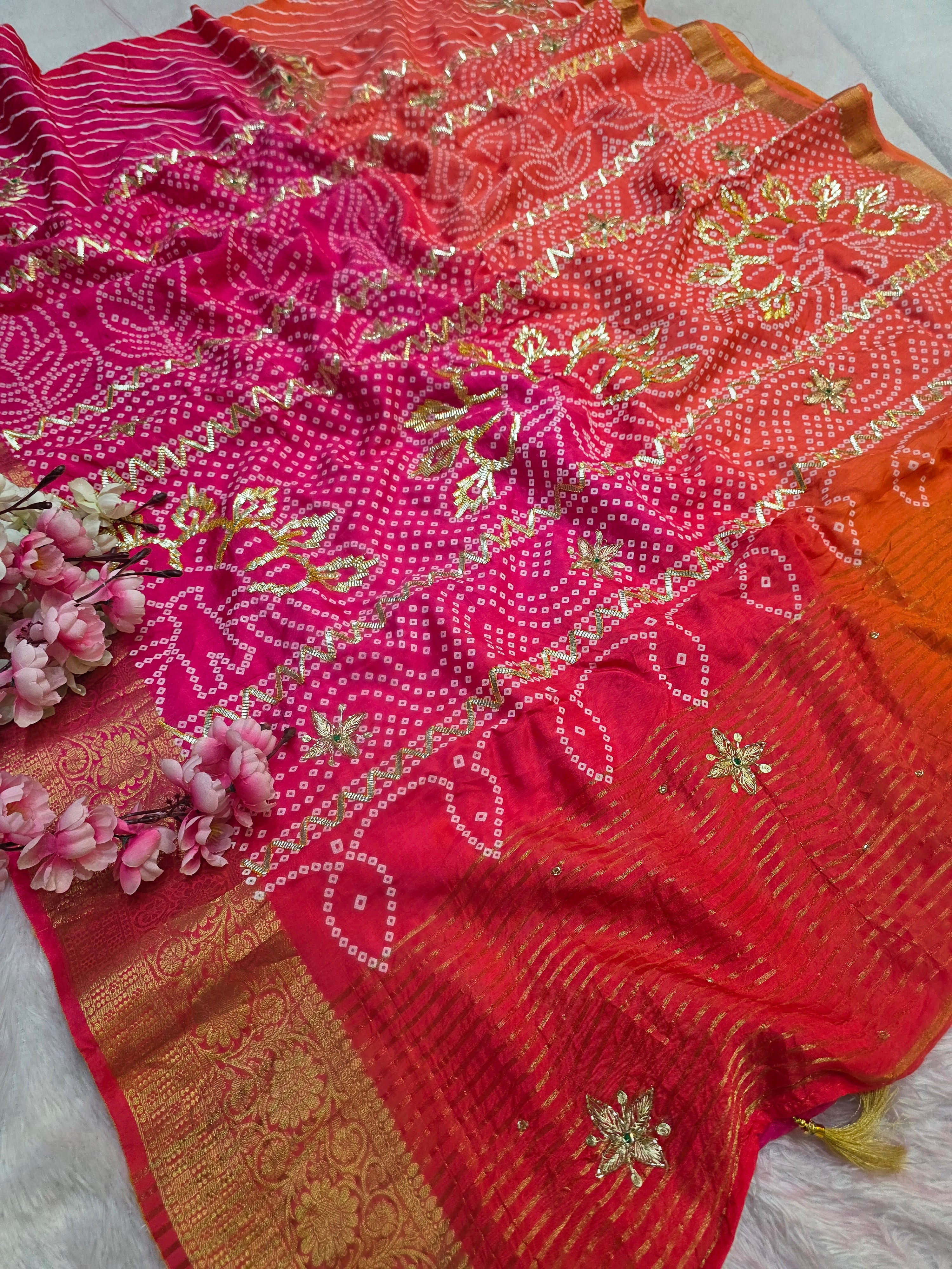 12258 Exclusive Rajasthani Pure Dola Silk Handmade Lahriya Saree With Bandhani Pallu and Premium Pitta Work - Orange