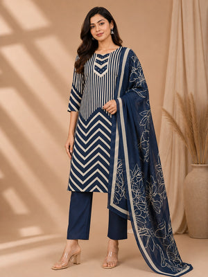 2008 Pure Cotton Straight Designer Print Cotton Kurti Set With Pant and Dupatta - Blue