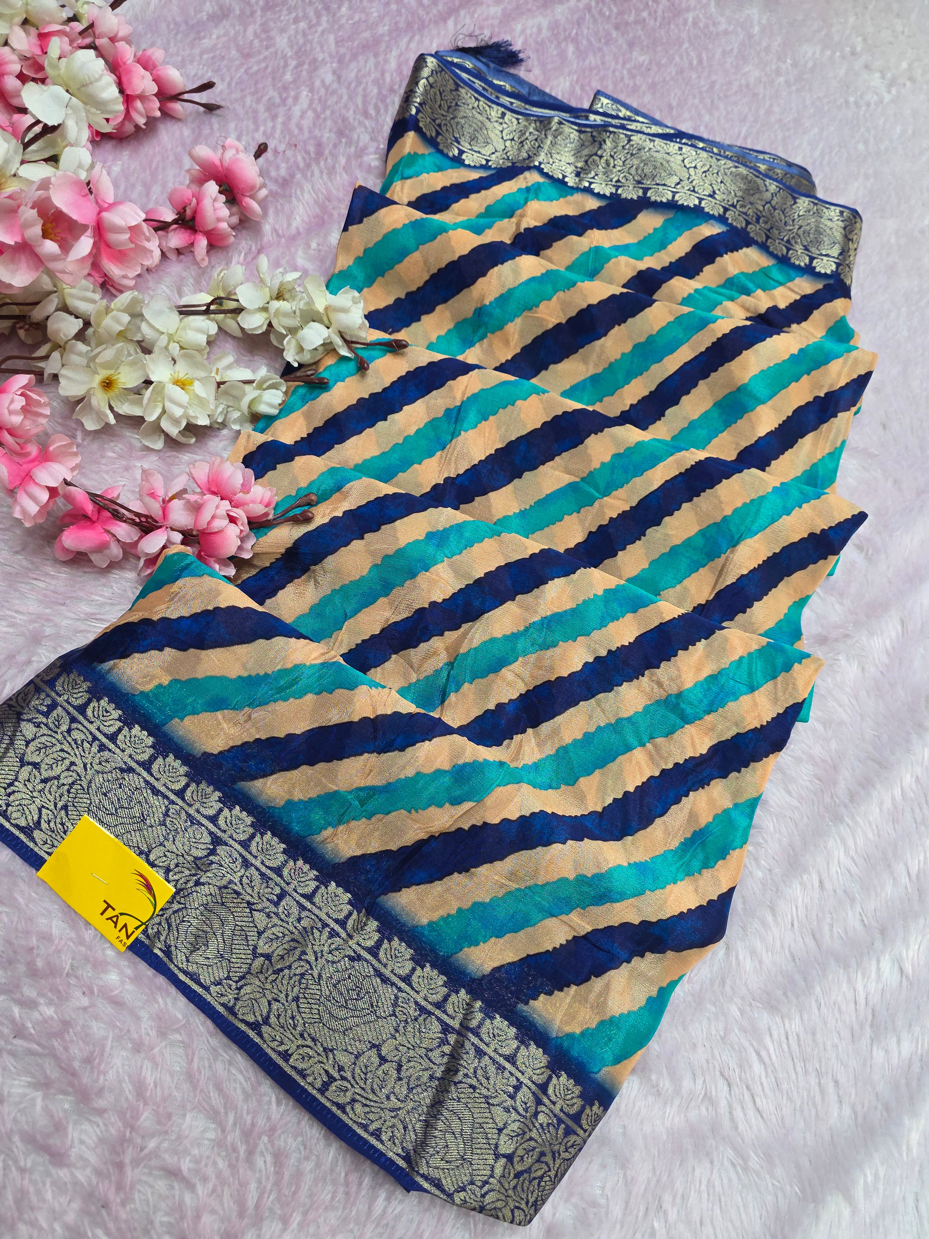 CA0700 PURE CHINON LAHRIYA SAREE Blue