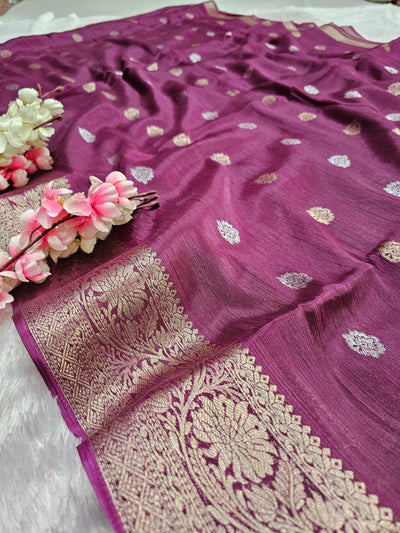 994003 Beautiful Soft Wrinkle Chinon Silk Zari Weaving Saree With Printed Pallu - Wine
