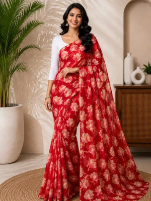 CA1031 Lightweight Elegant Semi Chiffon Flower Print Saree - Red