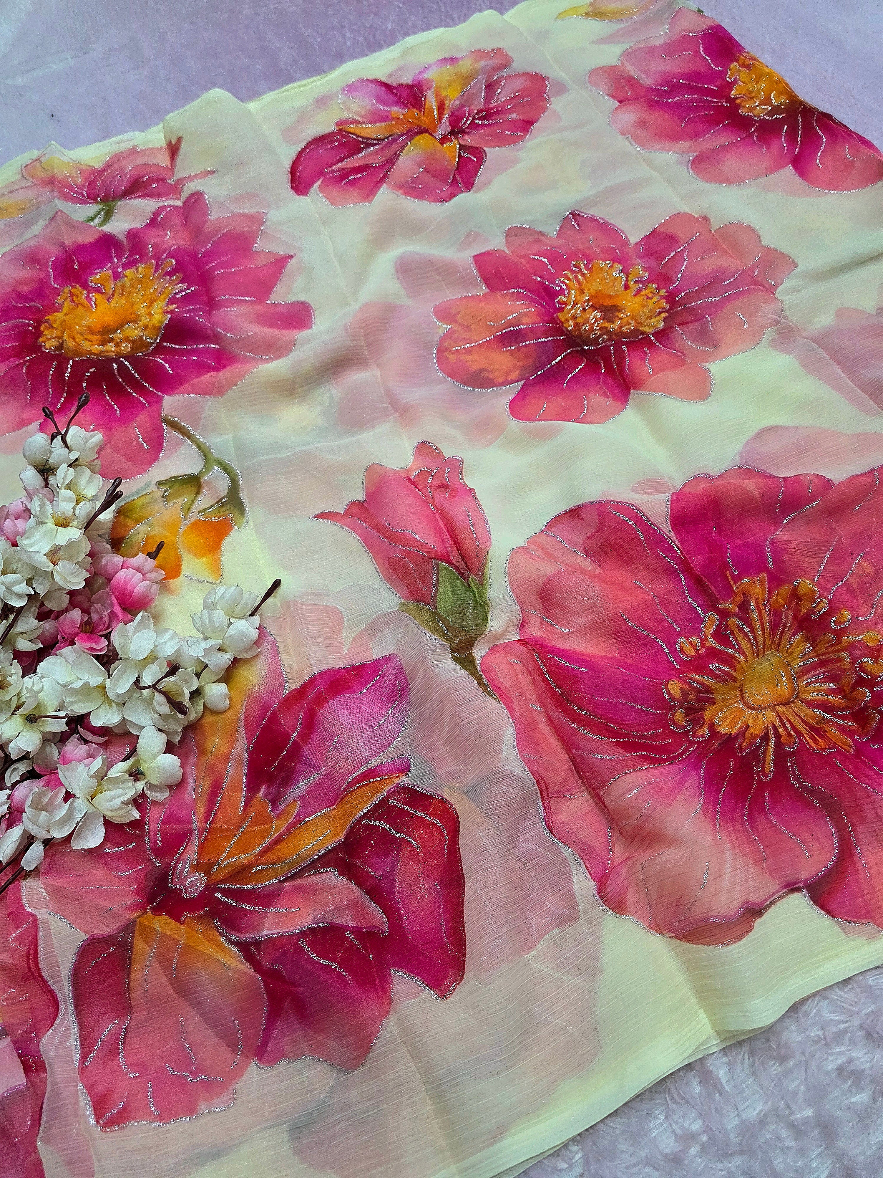 991001 Lightweight Elegant Semi Chiffon Flower Print Saree with Zari Print - Cream