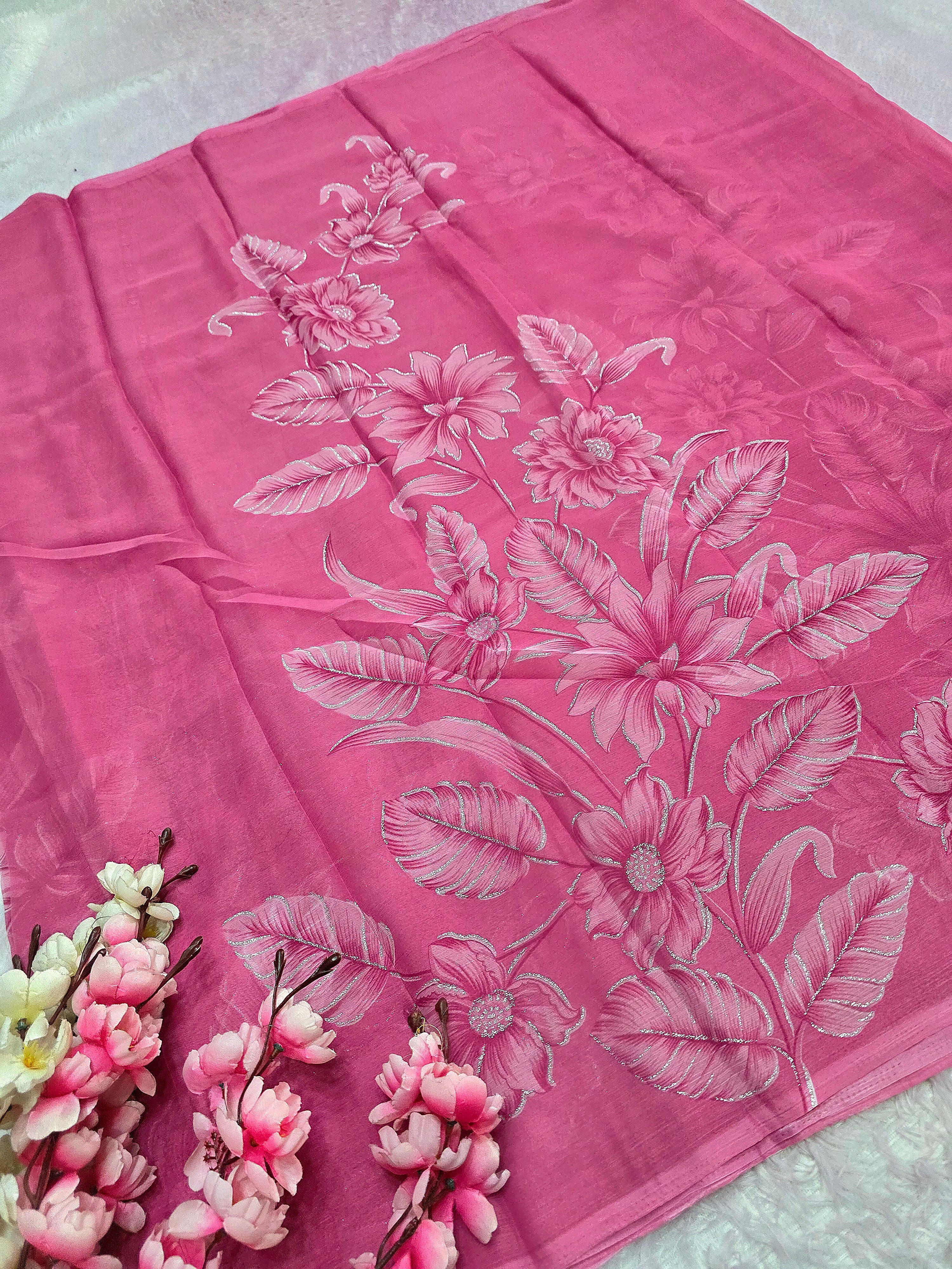 991003 Lightweight Elegant Semi Chiffon Flower Print Saree with Zari Print - Dusty Pink