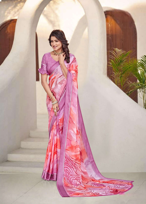 920003 Designer Flower Printed Georgette Saree with Satin Border - Purple Pink