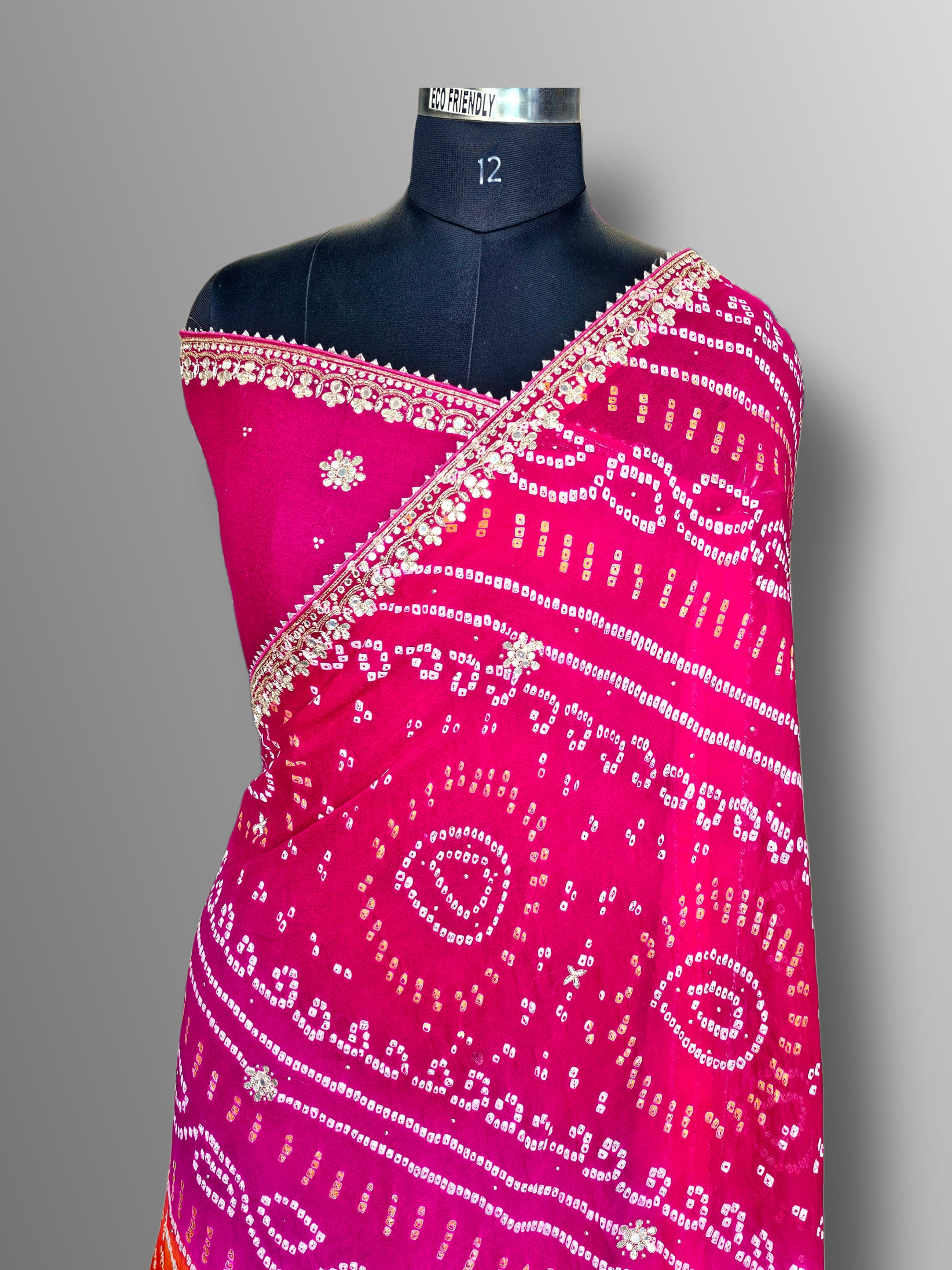 12486 Traditional Rajasthani Pure Ojariya Rai Bandhani Saree With Premium Gotapatti and Aari Work