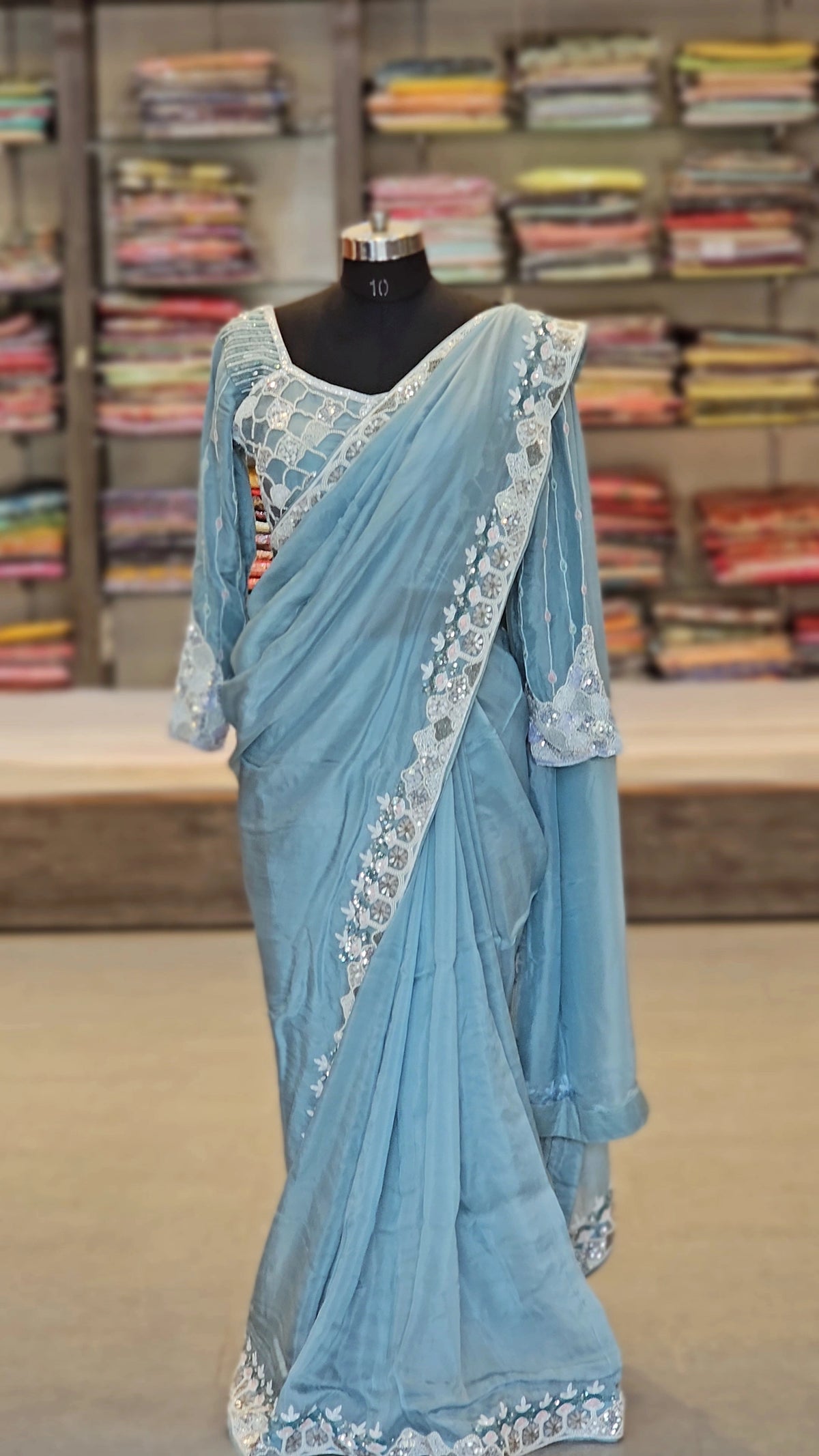 10157 Premium Pure H.O. Silk Designer Saree with Pearl Handwork & Heavy Pearl Work Stitched Blouse