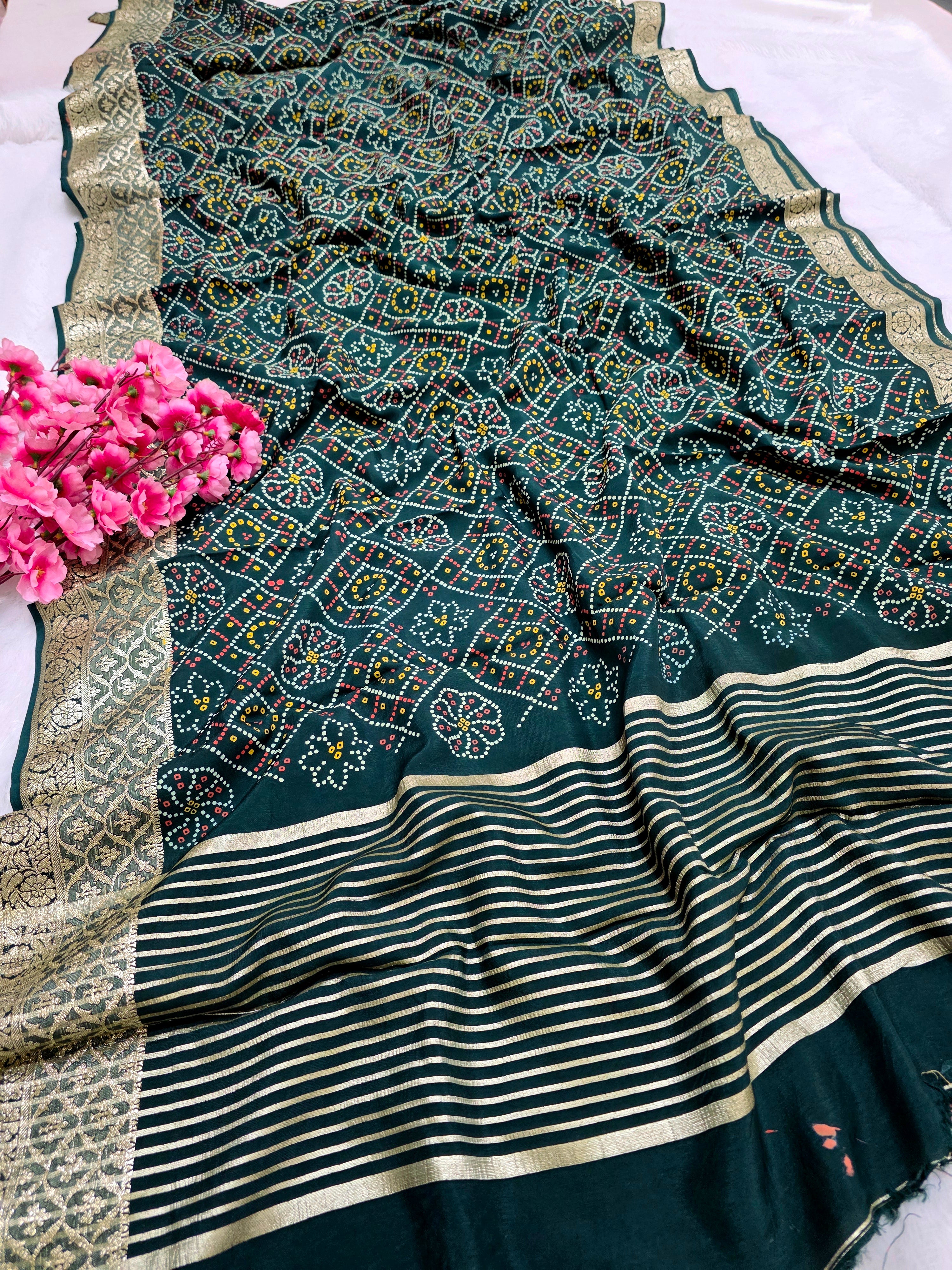 500007 बनारसी ज़री बुनाई कार्य के साथ बंधनी साड़ी - रानी 347002