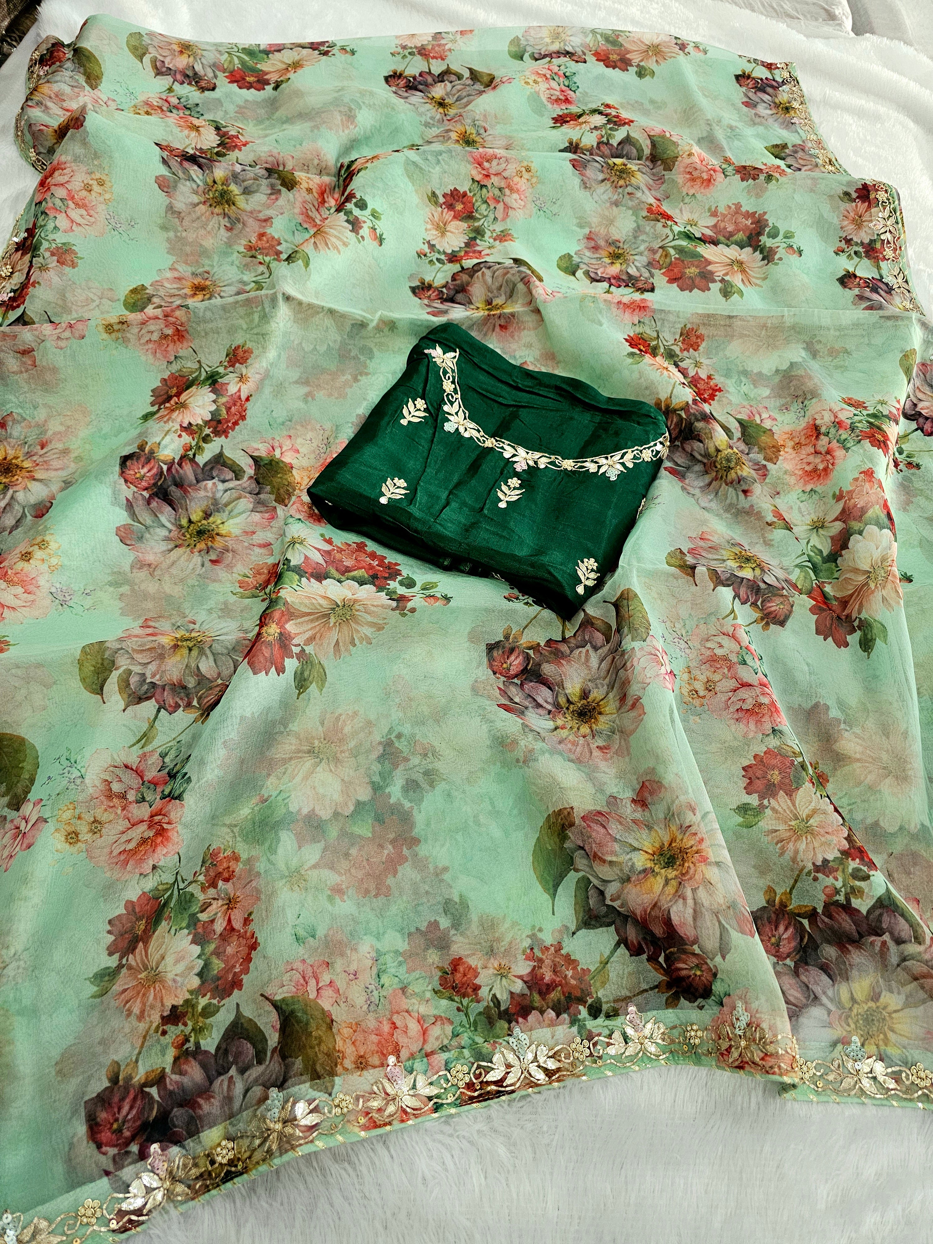 9315 Very Elegant Floral Print Pure Organza Saree with Gota Patti Work