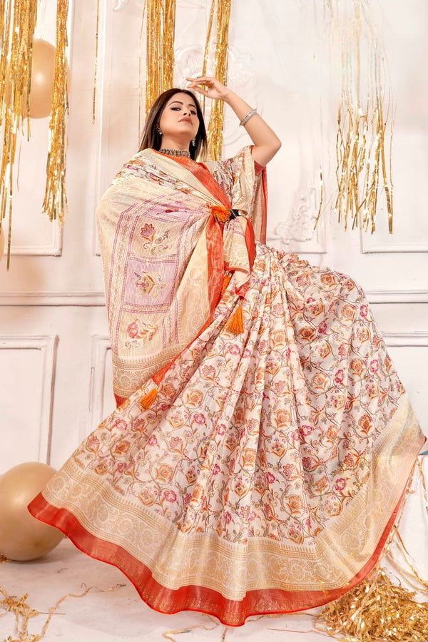942002 Very Elegant Chiffon Crepe Silk Print Saree with Swarovski on Border - Orange