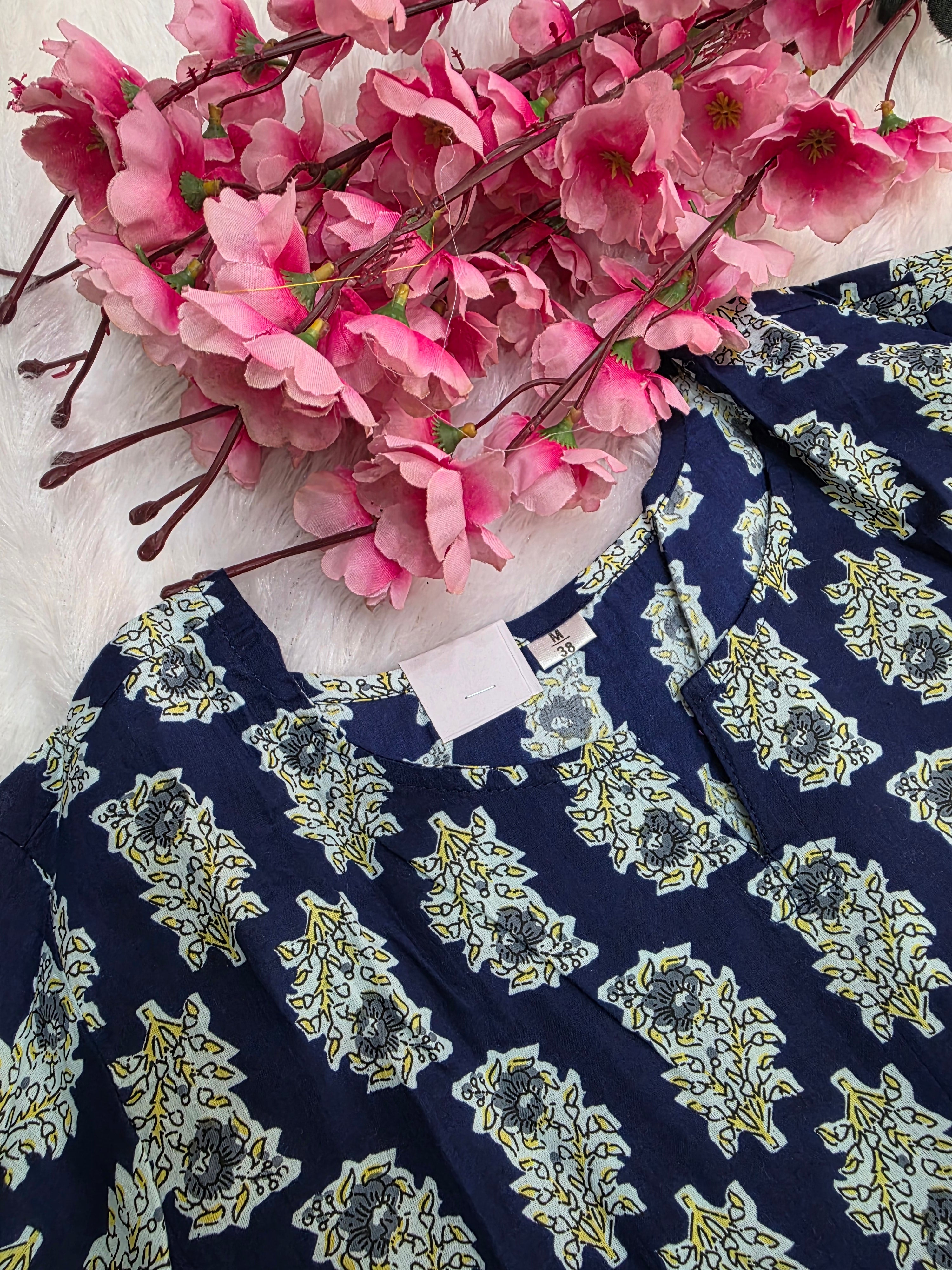 1758 Pure Cotton Hand Block Printed Shot Kurtis (Blue)