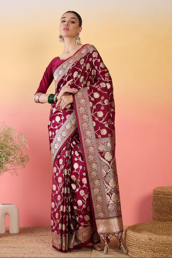 912001 Jhankar Zal Work Banarasi Satin Silk Saree - Wine