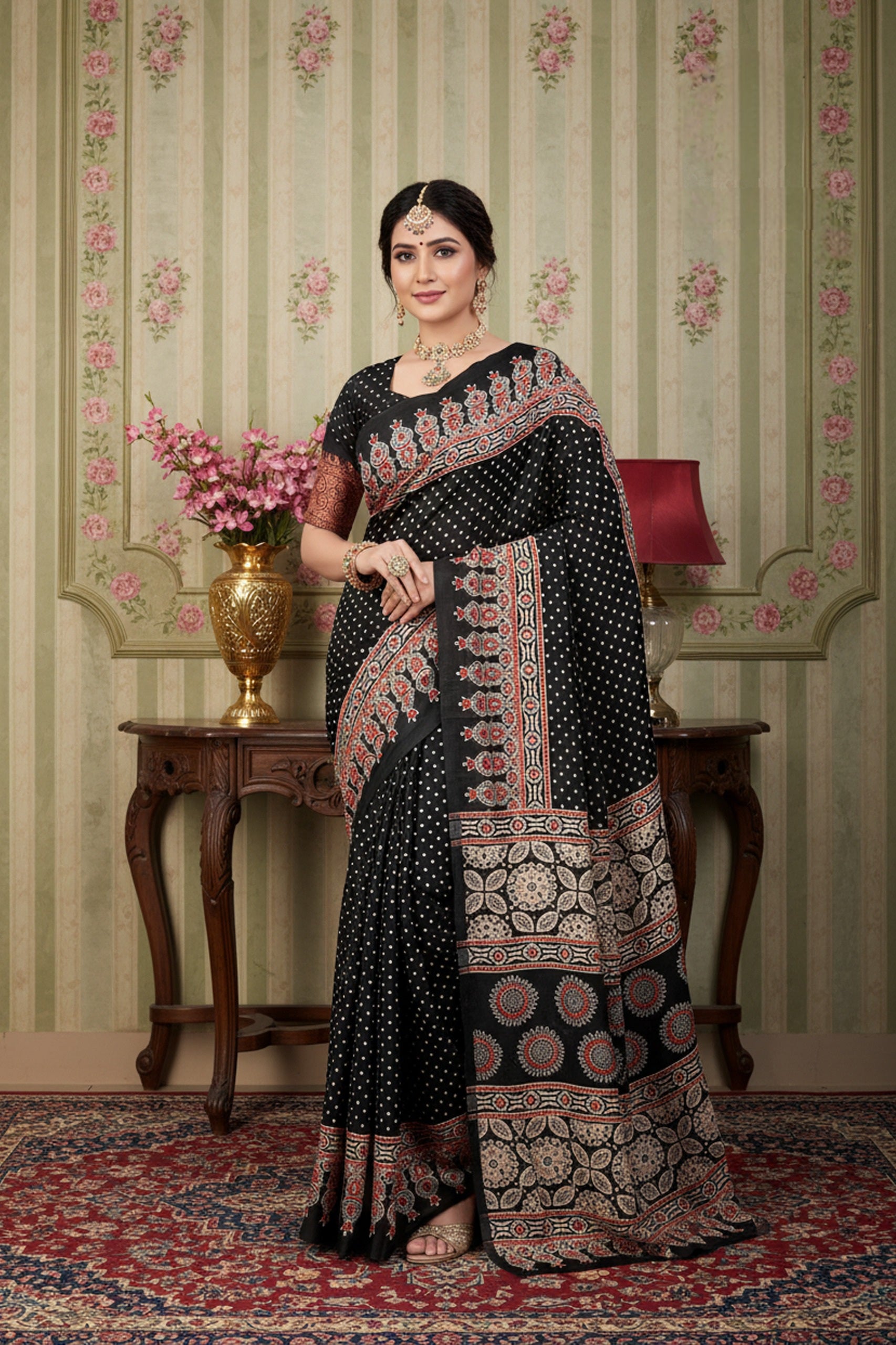 937004 Traditional Ajrakh Print Satin Silk Saree - Black