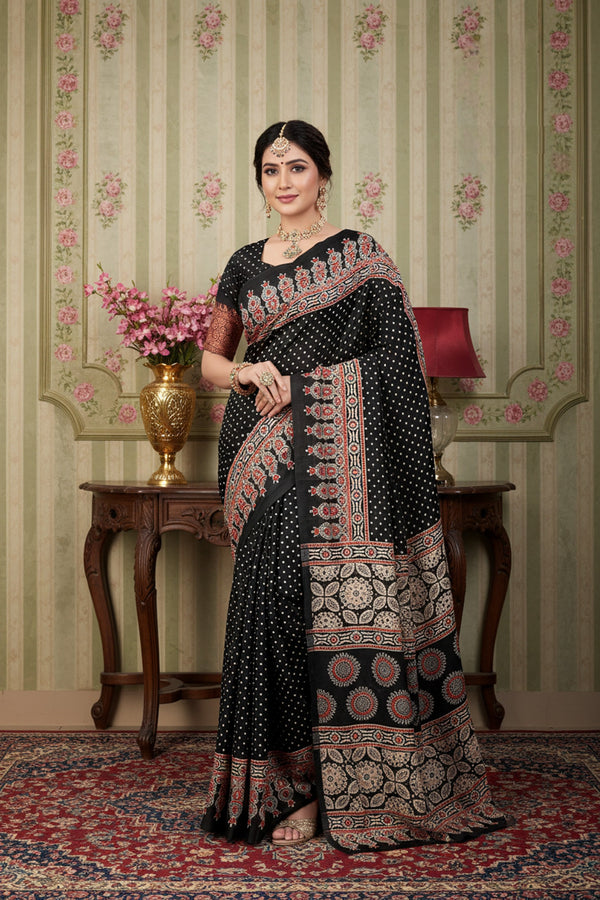 937004 Traditional Ajrakh Print Satin Silk Saree - Black