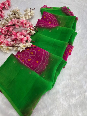 CA1486 Lightweight Elegant Semi Chiffon Bandhani Print Saree - Green Pink