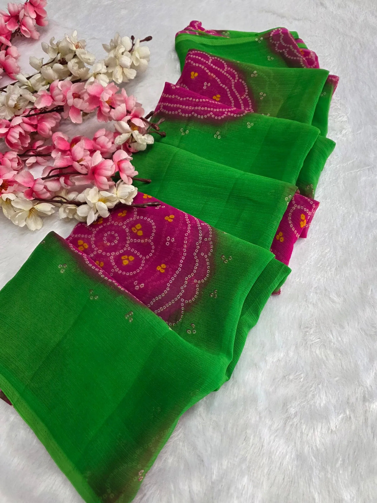 CA1486 Lightweight Elegant Semi Chiffon Bandhani Print Saree - Green Pink