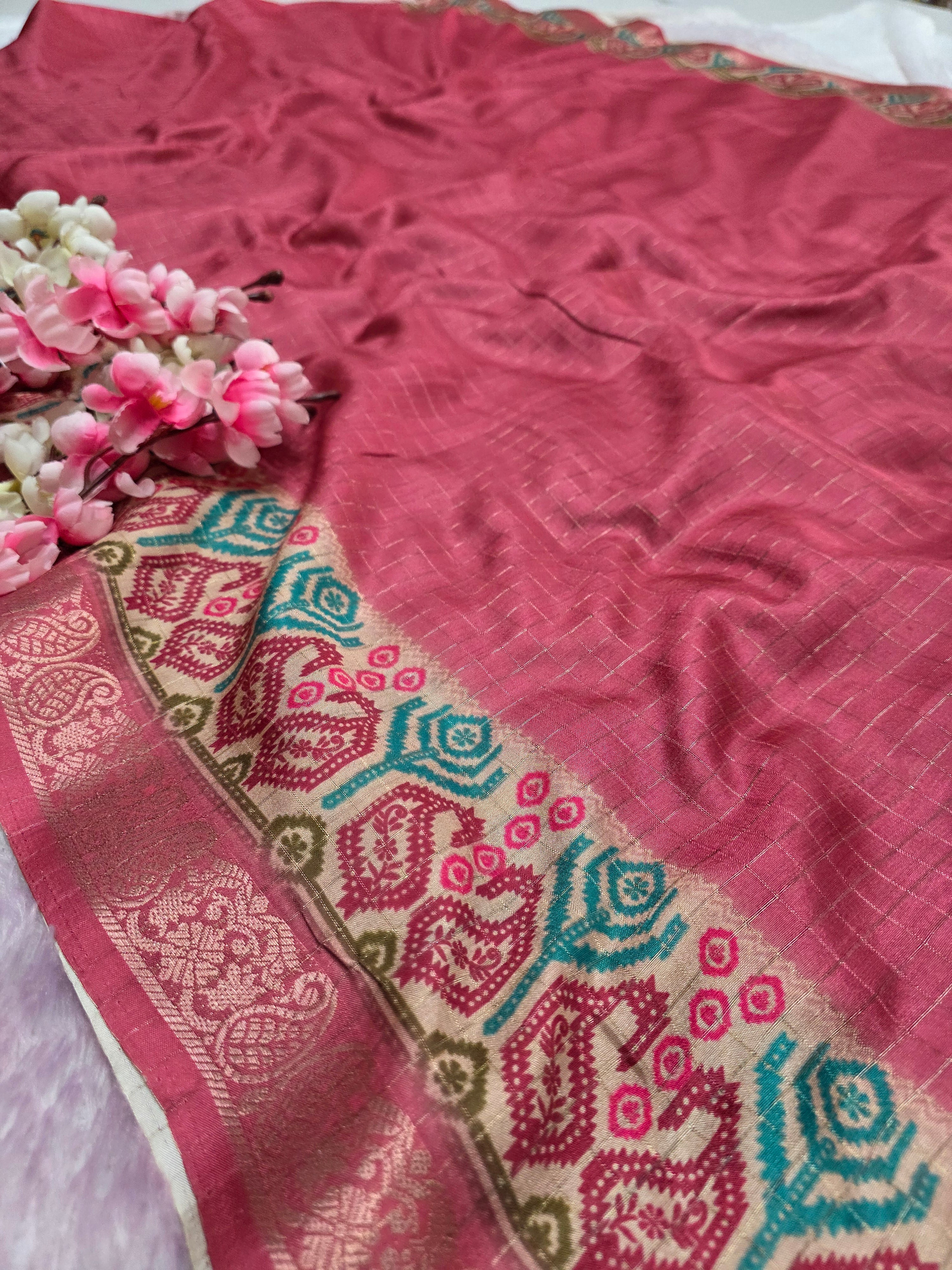 102403 Exclusive Soft Viscose Silk Printed Saree with Zari Weaving Checks