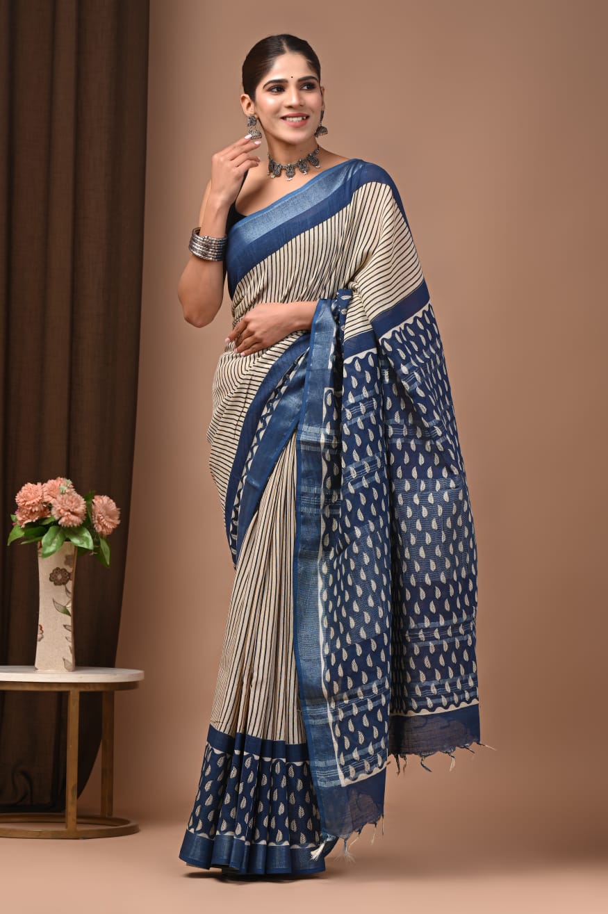 100202 Pure Rajasthani Natural Cotton Linen Hand Printed Saree