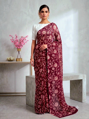 CA1495 Lightweight Elegant Semi Chiffon Flower Print Saree - Wine