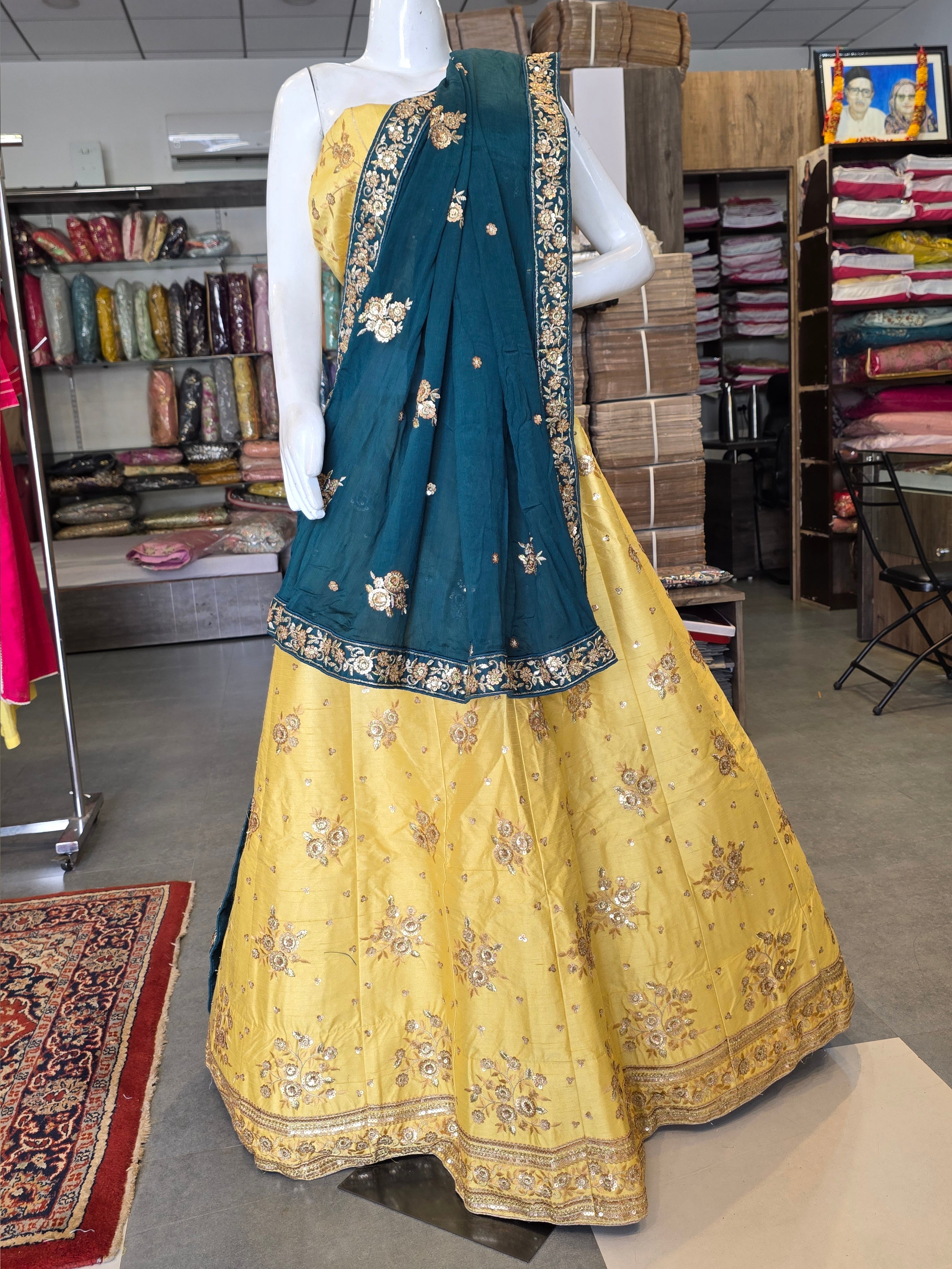 930005 Raw Silk Unstitched Lehenga with Heavy Sequin Work Blouse & Chinon Silk Dupatta