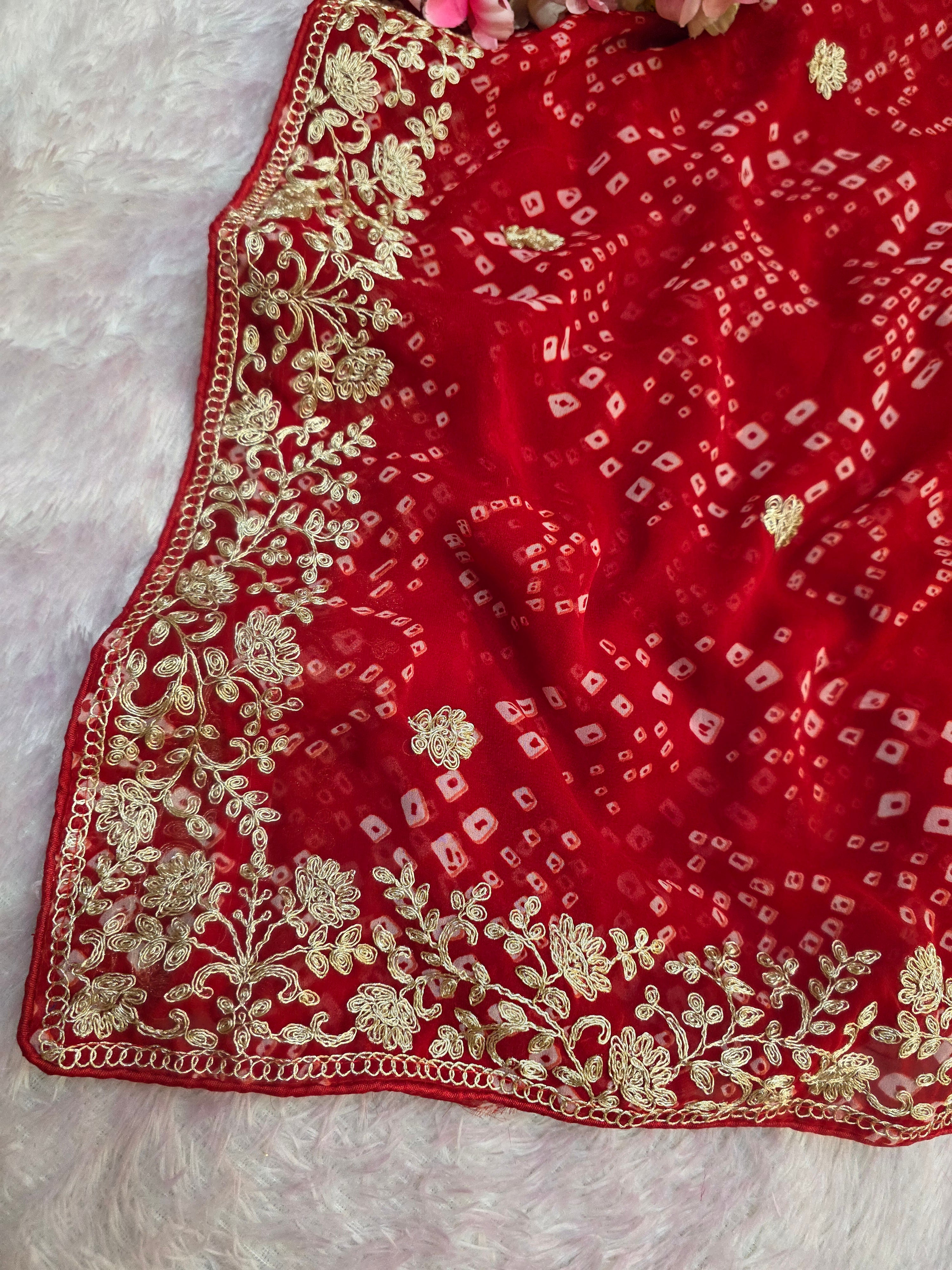 967001 Rajasthani Traditional Georgette Bandhani Saree with Pitta Work - Red