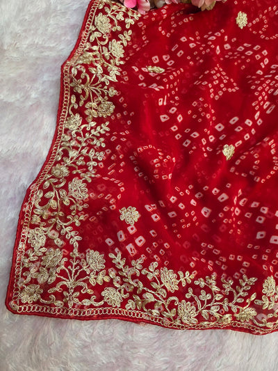 967001 Rajasthani Traditional Georgette Bandhani Saree with Pitta Work - Red