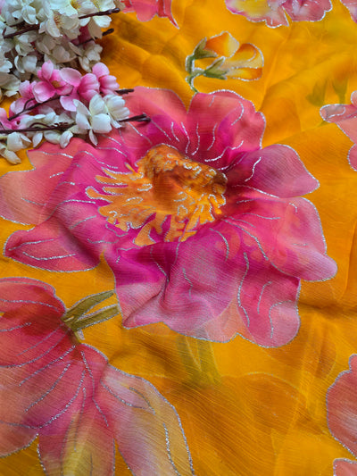 644001 एक्सक्लूसिव शिफॉन फ्लावर प्रिंट साड़ी - हरा 