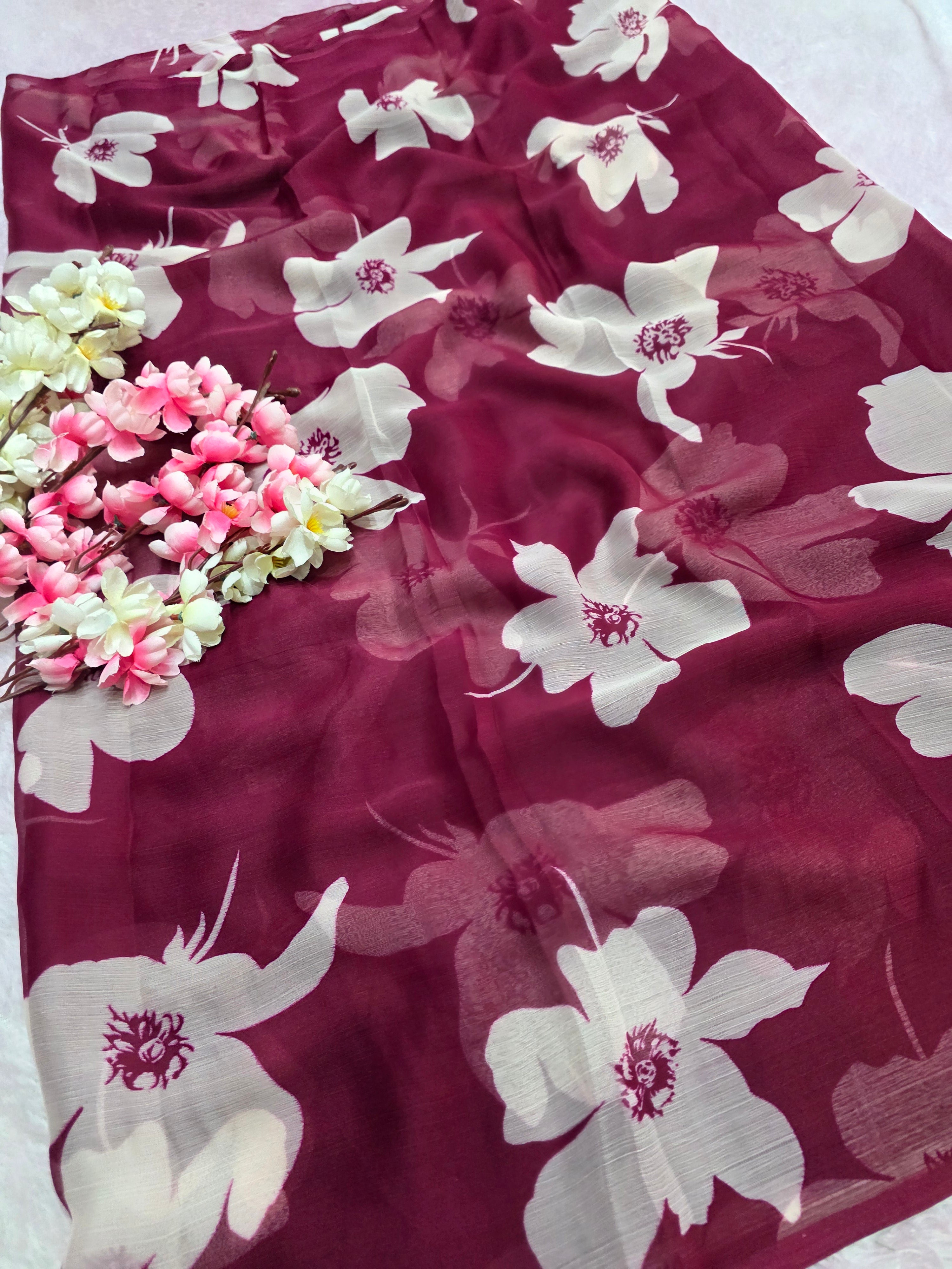 103903 Lightweight Elegant Semi Chiffon Flower Print Saree - Wine