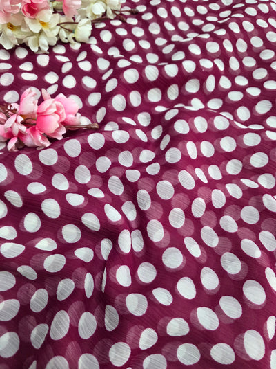 845003 Lightweight Elegant Semi Chiffon Polki Dot Print Saree - Wine