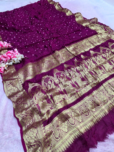 101801 Traditional Bandhani Saree with Banarasi Weaving Pallu and Border - Wine