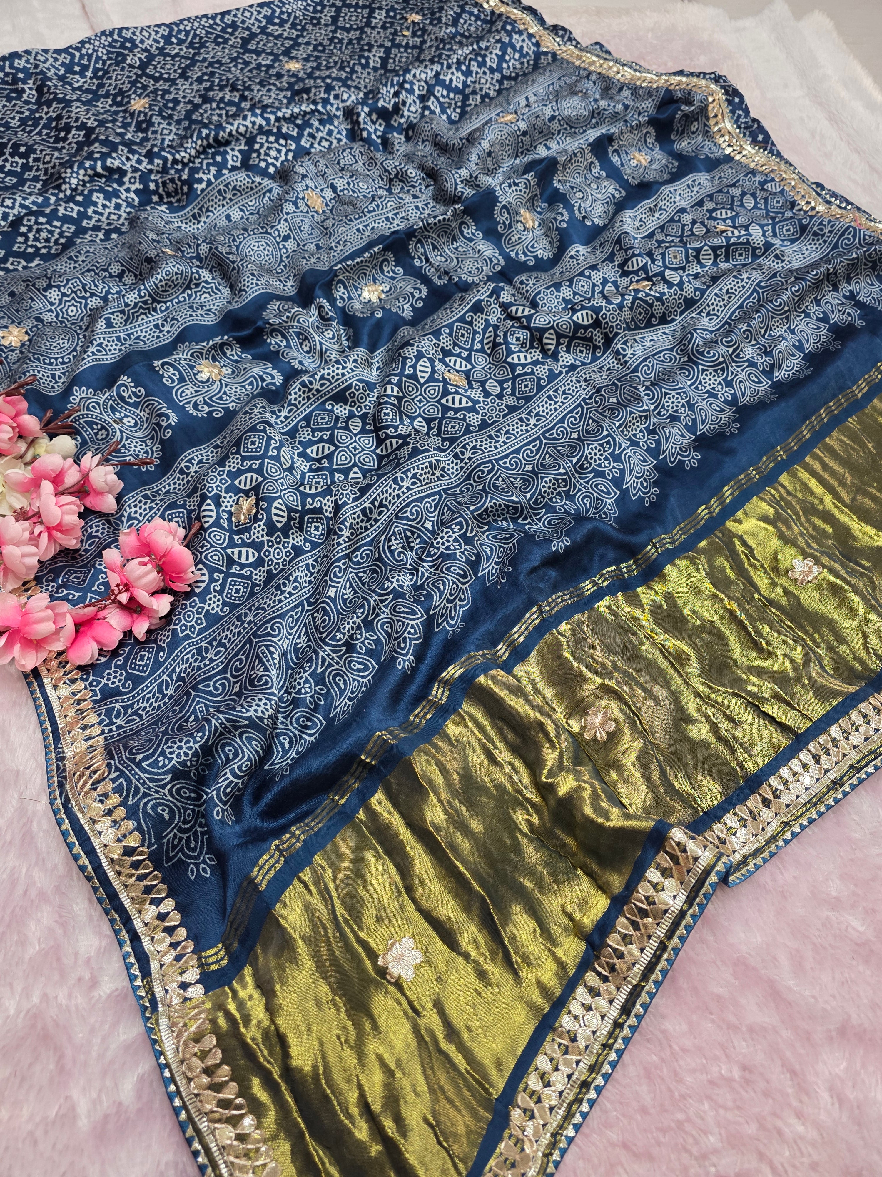 966004 Traditional Semi Gajji Silk Ajrakh and Patola Print Saree with Hand Gota Patti Work - Blue