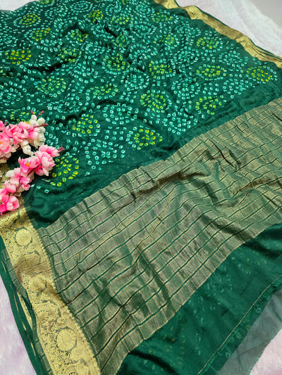 966002 Traditional Hand Bandhani Chinon Silk Soft Saree - Green