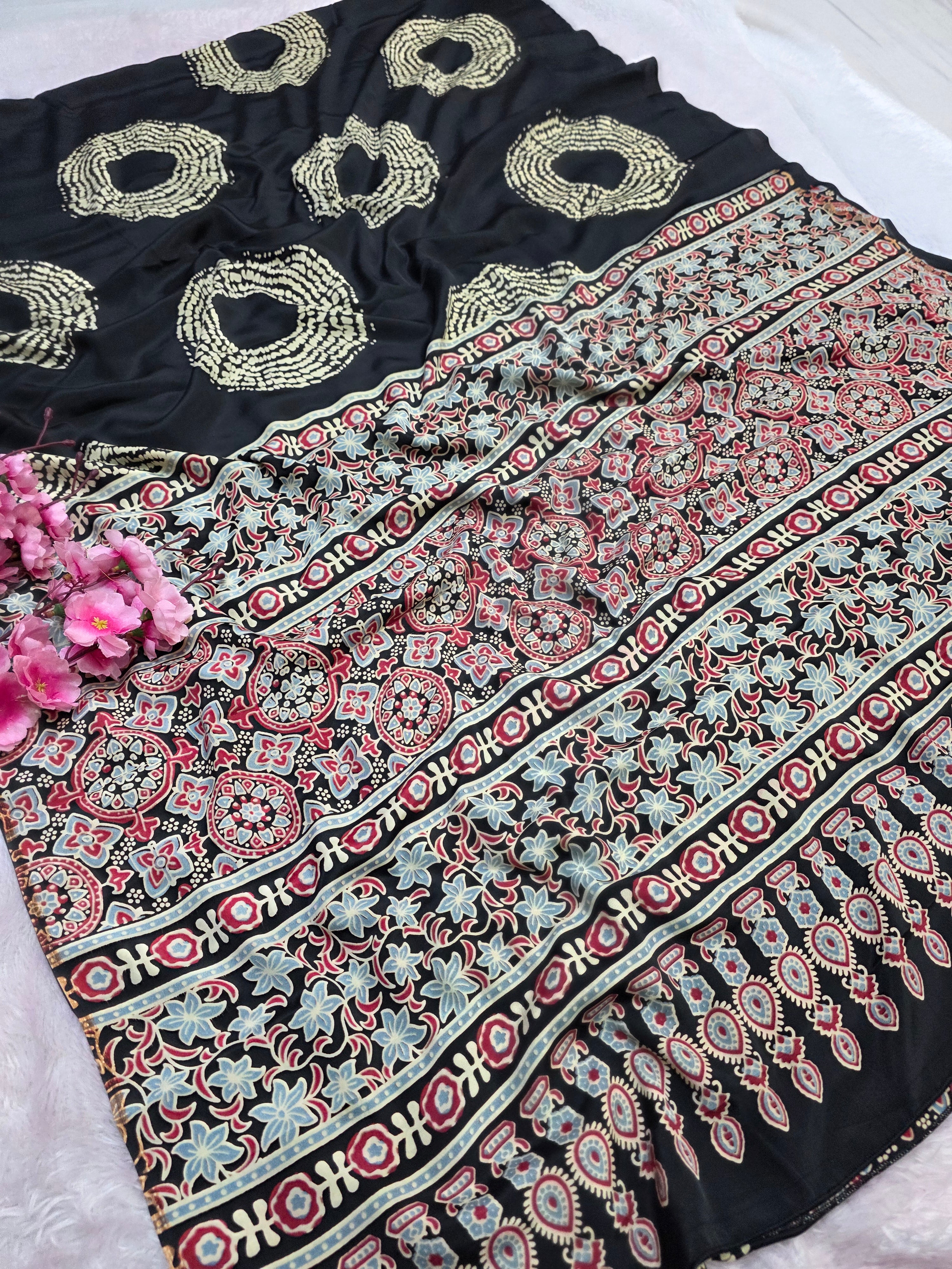 939002 Traditional Ajrakh Print with Shibori Satin Silk Saree - Black