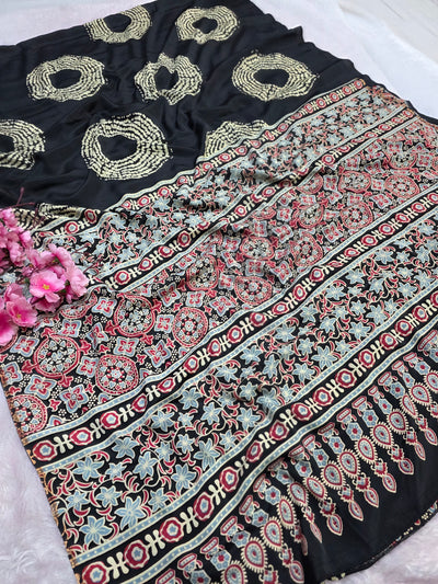 939002 Traditional Ajrakh Print with Shibori Satin Silk Saree - Black