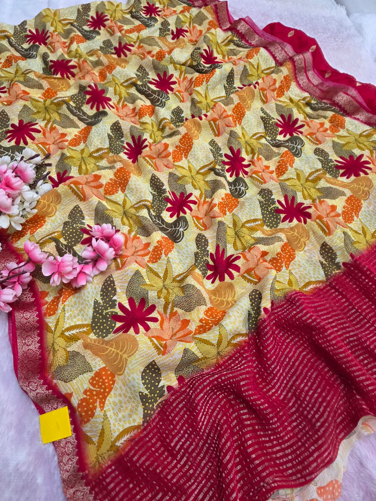 103801 Exclusive Pure Chinon Silk Traditional Print Cream Saree with Zari Weaving Border
