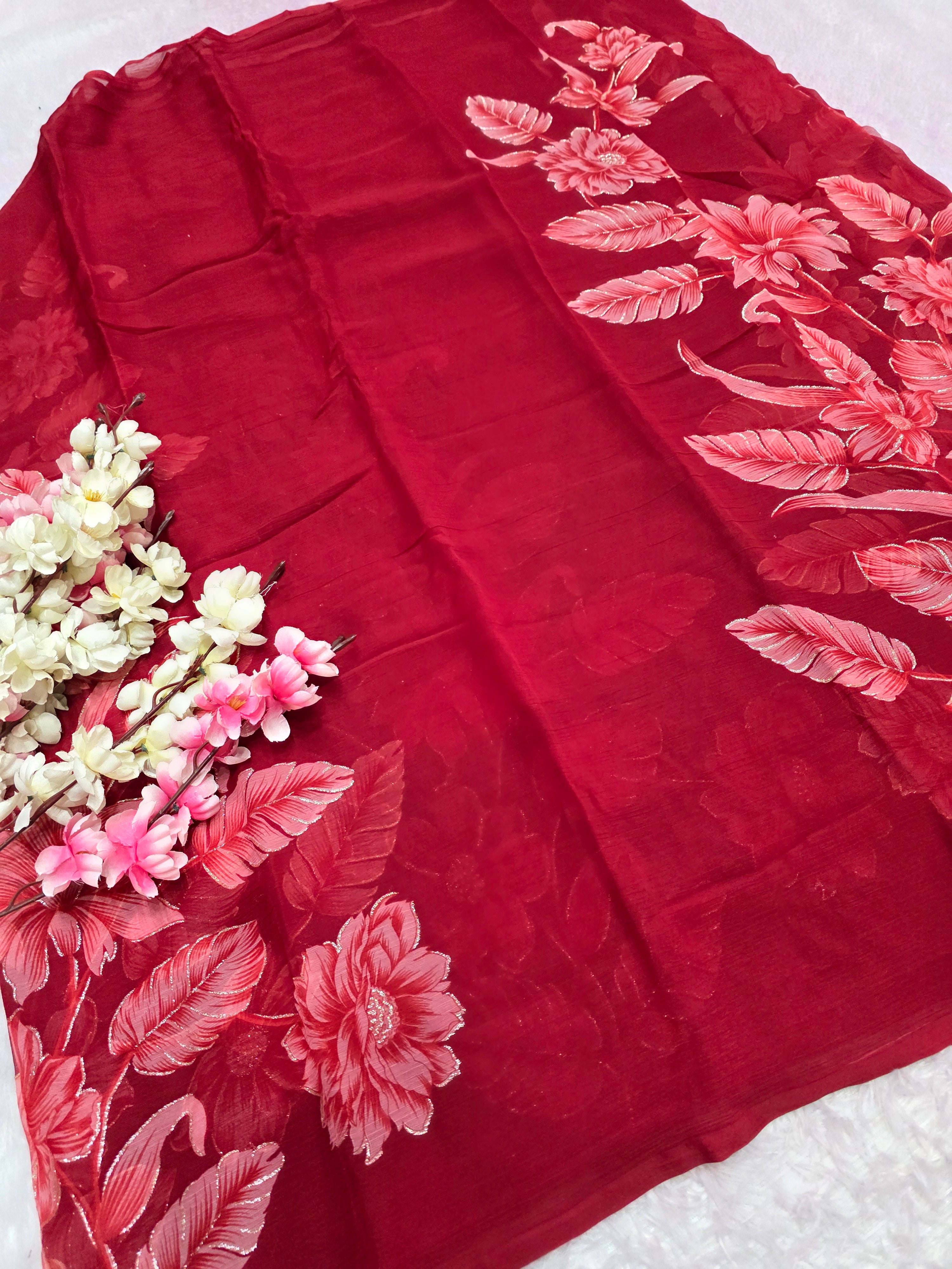 991003 Lightweight Elegant Semi Chiffon Flower Print Saree with Zari Print - Maroon