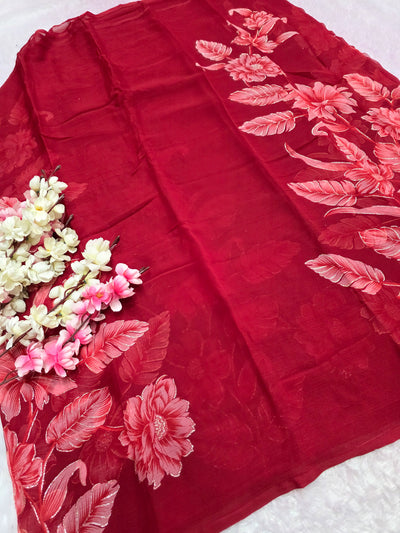 991003 Lightweight Elegant Semi Chiffon Flower Print Saree with Zari Print - Maroon