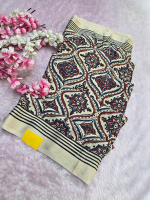 CA0735 Pure Modal Silk Ajrakh Natural Dye Saree Cream