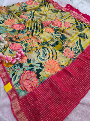 103805 Exclusive Pure Chinon Silk Traditional Print Yellow Saree with Zari Weaving Border
