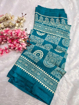 DS287 Semi Dola Silk Block Print Saree - Teal