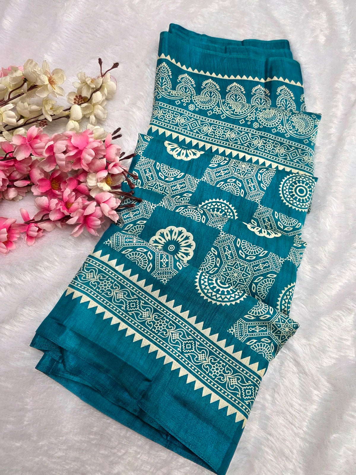 DS287 Semi Dola Silk Block Print Saree - Teal