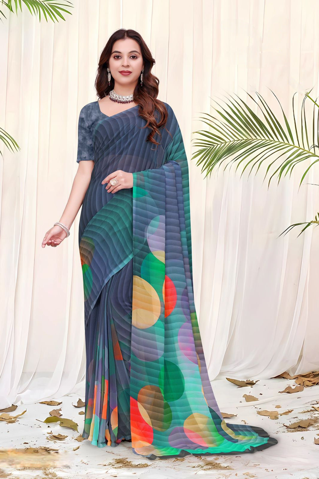 695012 डिजिटल फ्लावर प्रिंट जॉर्जेट क्रेप साड़ी