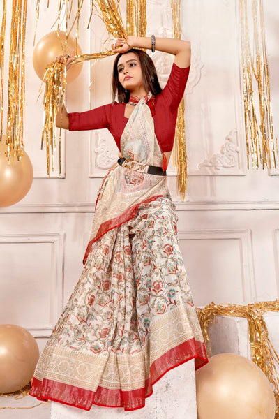 942002 Very Elegant Chiffon Crepe Silk Print Saree with Swarovski on Border - Red