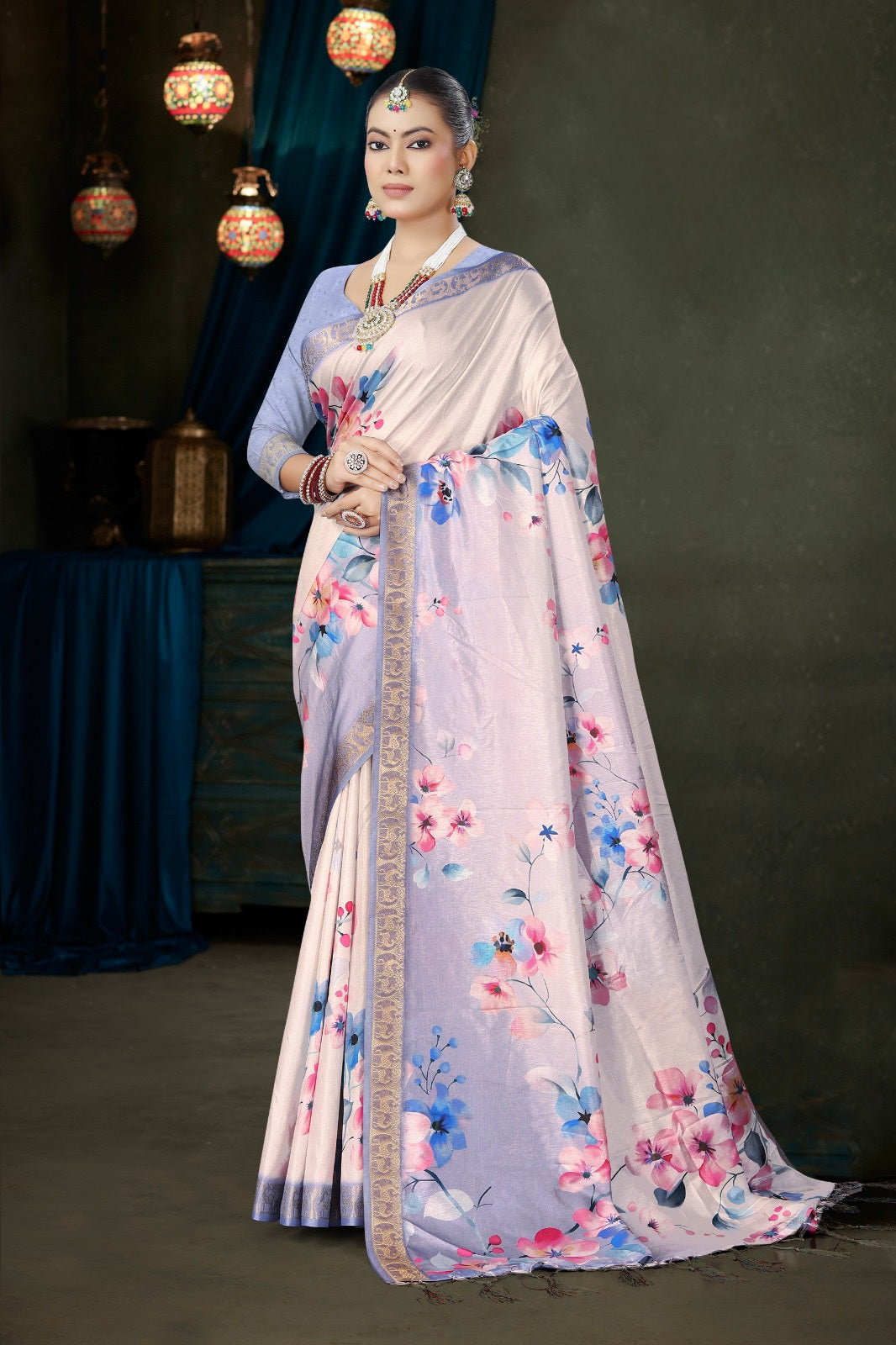 982011 Bollywood Style Soft Crepe Silk Flower Print Saree with Zari Weaving Border