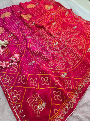 4620 Traditional Bandhani Print Pure Upada Silk Saree with Gotapatti Handwork - Red Pink